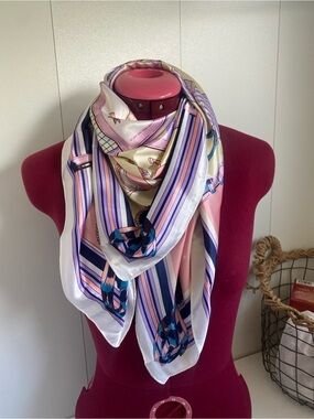 Pastel Horse Print Satiny Poly Scarf - Pink, Lavender, Navy